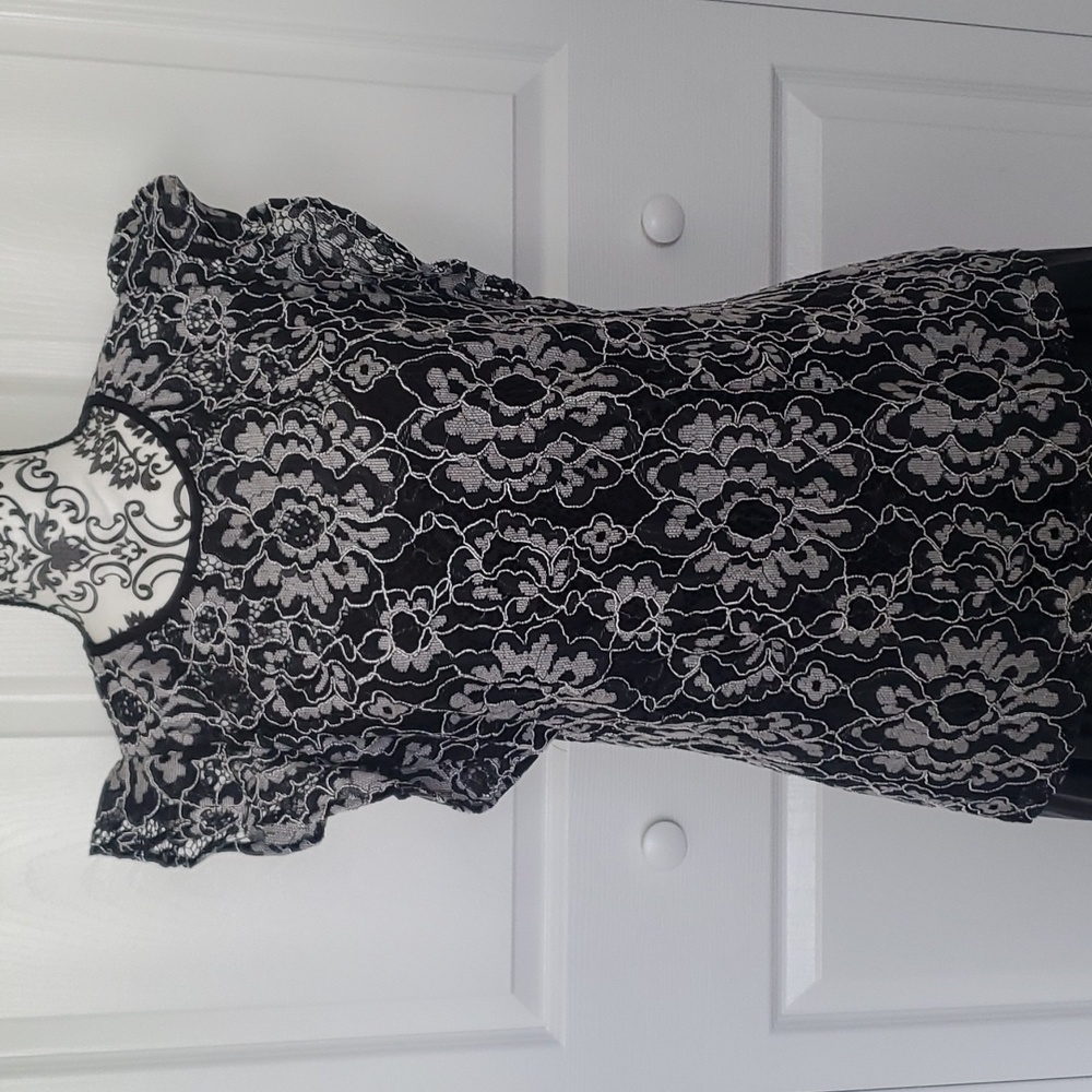 WHBM Black Ecru High Neck Lace Top